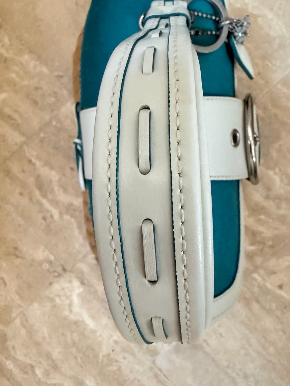 coach Y2K vintage SUMMER straw leather PURSE Teal and White Woven Top-Handle - Picture 2 of 16